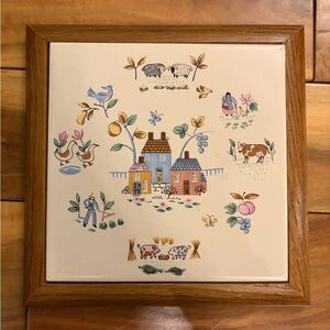 International Stoneware Heartland Tea Tile Trivet Wood Frame Hot Plate Farmhouse